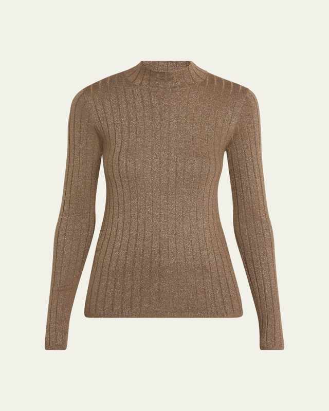 Mock-Neck Metallic Cashmere Rib Sweater